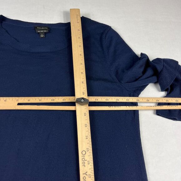 Talbots Merino Wool Classic Sweater Blue Ruffled 3/4 Sleeve Work Pullover LARGE - Picture 8 of 10